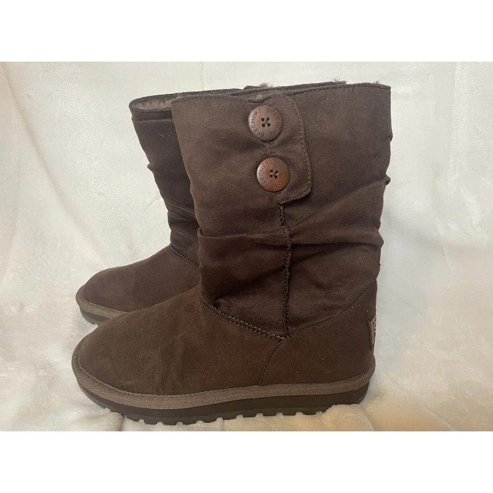 Skechers Australia Boots Womens 9 Winter Snow Brown Suede Faux Fur Button‎